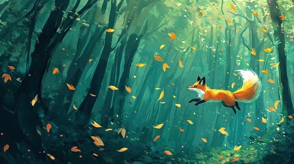   Fox in Forest, painting by artist's name, depicts a fox amidst a vibrant fall foliage scene The foreground is dominated by warm,