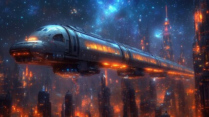 A futuristic train glides through a vibrant cityscape filled with glowing skyscrapers.