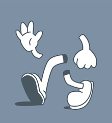 Stylized retro cartoon-style limbs, including hands and feet, on a gray background. Creative and playful element, ideal for artistic concepts. Vector illustration