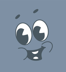 Cartoon-style smiling face design with large expressive eyes, curved eyebrows, and a cheerful expression on a gray background. Concept of fun and creativity. Vector illustration.
