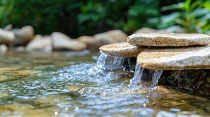 Serene garden water feature, cascading over rocks