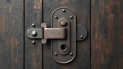 Fototapeta premium Rustic bronze latch on dark wood door, security detail, close-up