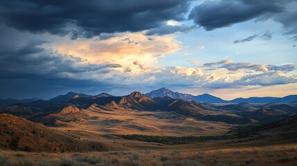 Dramatic landscape view with mountains and clouds during golden hour at sunset time