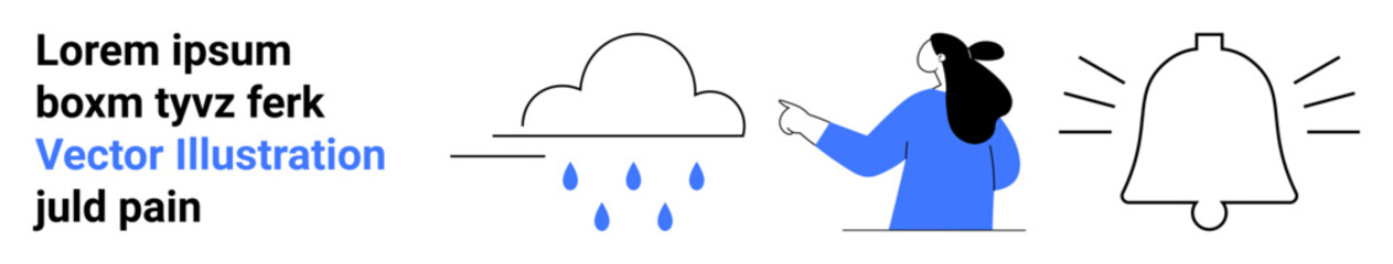 Man pointing at cloud with raindrops icon and bell notification symbol in minimalistic design. Ideal for weather updates, notifications, alerts, apps, websites, user interfaces, digital design