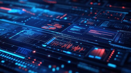 Fototapeta premium Digital data streams flow across futuristic interface, background blurred