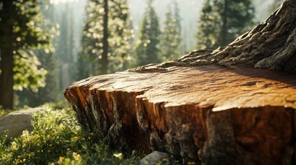 Fototapeta premium Sunlit tree stump, forest background, nature product display