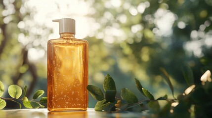 Amber gel bottle outdoors, sunlit leaves, hygiene product