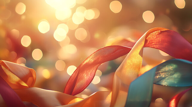 Colorful ribbons glimmer in sunlight, creating festive atmosphere filled with joy and celebration