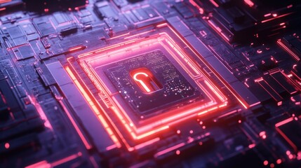 Obraz premium Cyber security unlock chip neon glow circuit board
