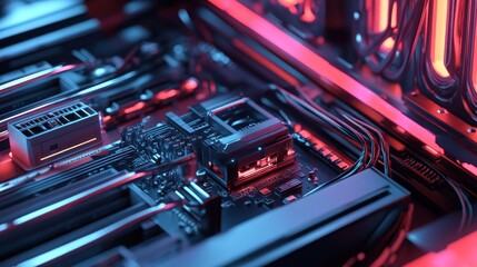 Neon-lit PC motherboard close-up,  wiring detail, futuristic background, tech advertisement
