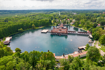 Thermal Lake Heviz at sunny day in Hungary, aerial view