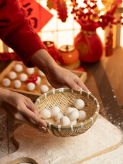 sweet dumping or tangyuan traditional Chinese new year food .(the Chinese characters means New Year's blessing）