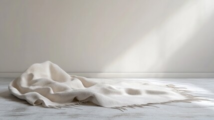 Cream throw blanket on floor, sunlit room, minimalist backdrop, product display