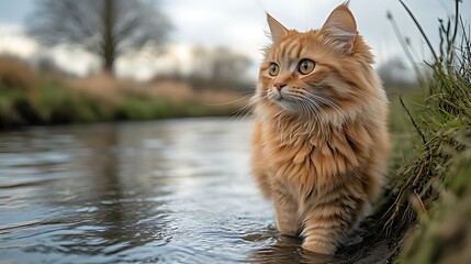 Obraz premium Ginger cat wading stream, autumn park, nature