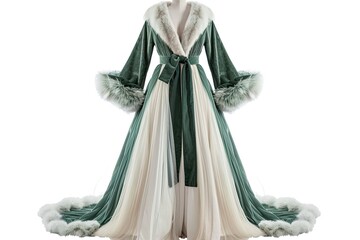 Elegant Green Velvet Robe with Fur Trim and Pleated Skirt