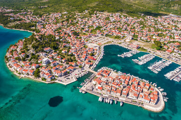 Aerial view of the old town of Tribunj on small island in Adriatic sea, Croatia