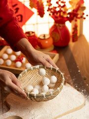 sweet dumping or tangyuan traditional Chinese new year food .(the Chinese characters means New Year's blessing）