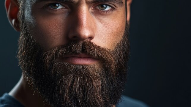 Man's serious face, dark background, beard close-up, studio portrait, advertising