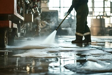 Professional cleaner wearing protective gear is using high pressure washer for cleaning factory floor, ensuring hygiene and safety in industrial environment