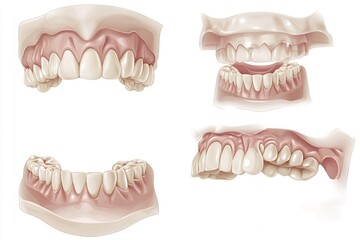 Four views of human teeth and gums are illustrating different dental issues, providing a comprehensive visual resource for dental education and patient communication