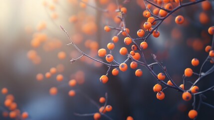 Autumn orange berries backlit, forest bokeh, nature background, website header