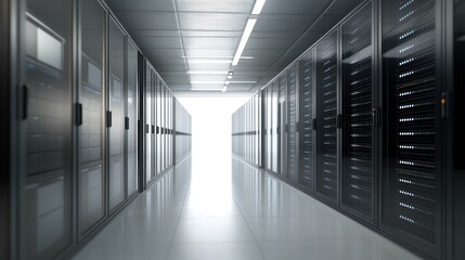 Fototapeta premium Server room corridor, data center, bright light, technology infrastructure, network storage