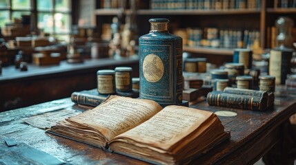 Vintage books and apothecary bottles on a rustic table