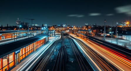 Night cityscape with illuminated train station and tracks.