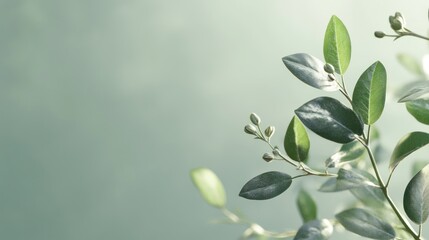 Obraz premium Sunlight illuminates green leaves, buds, branches against a soft, blurred background; ideal for nature, wellness, or spring themes