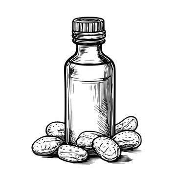 Nuts scattered around a vintage bottle containing a mysterious elixir at a rustic farm setting during golden hour