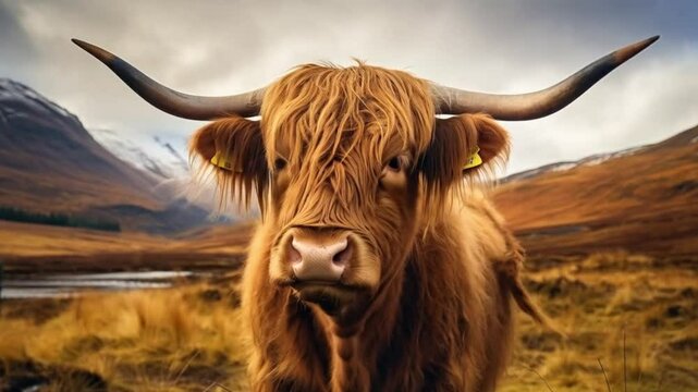 Scottish cow portrait on field background