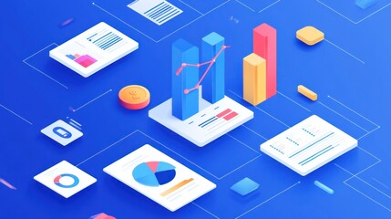 Obraz premium Data analysis isometric graph, charts, documents, network background, business report