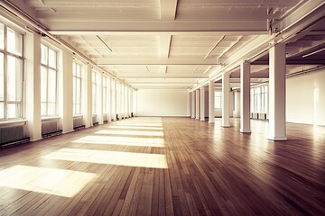 Fototapeta premium Sunlit empty loft space with hardwood floors, high ceilings, and large windows.