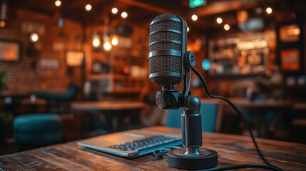 Podcast microphone cafe setup, recording, laptop, bar