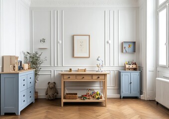 Light blue & wood children's room with toys.