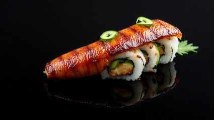 Grilled Eel Sushi with Cucumber Garnish on Black Background, Reflections - Food Menu