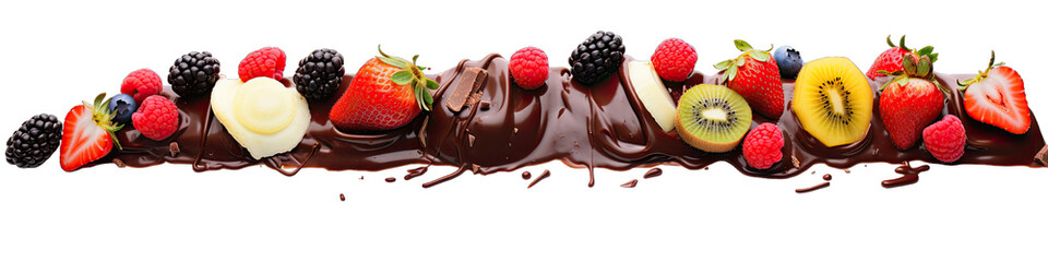 Beautiful Melting Chocolate Border With Fruits Isolated On Transparent Background 