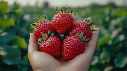 Obraz premium A hand holding fresh strawberries against a blurred green background.