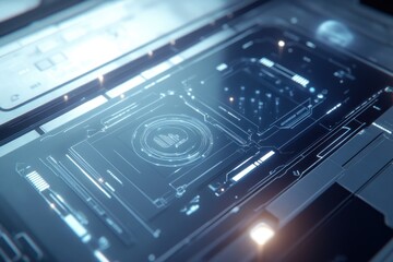 Futuristic digital interface glowing on tech panel