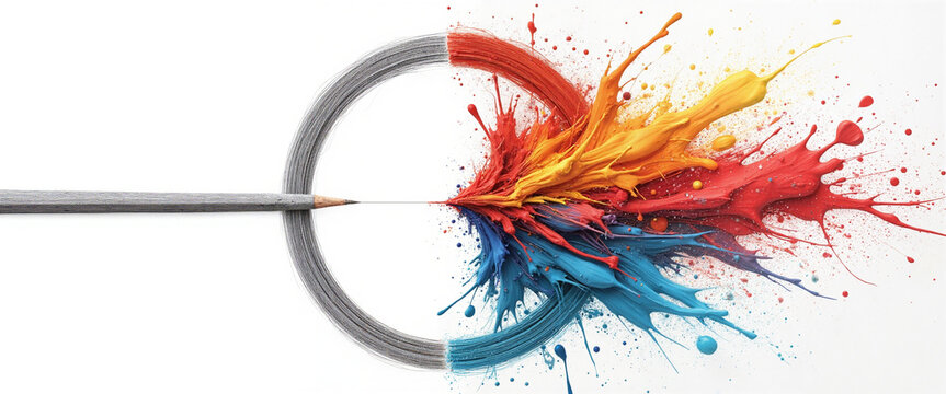 Color pencil creating an explosion of vibrant colors in a circular motion, representing a visual paradox of restraint and creativity, set against a stark white background
