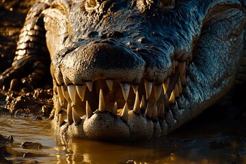 Fototapeta premium Close-up of a crocodile's head and teeth, partially submerged in muddy water.