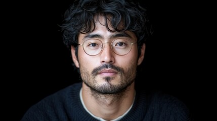 Fototapeta premium A man with glasses and a beard is looking at the camera. He has a serious expression on his face