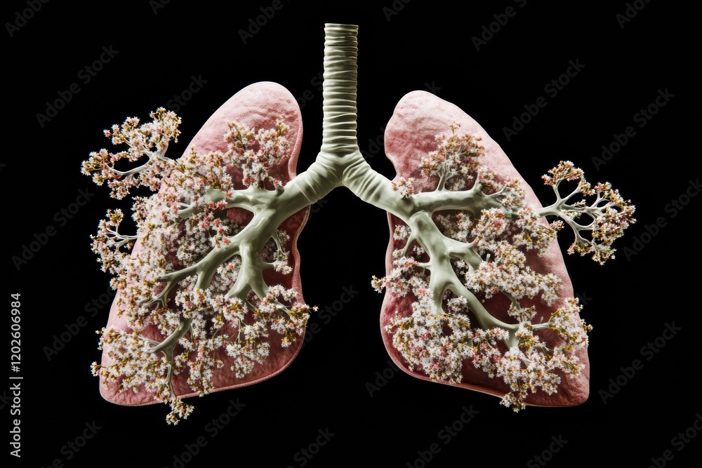 Poster details of human lungs featuring intricate branching structures during medical study. generative ai