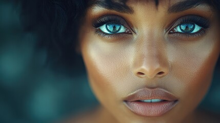 A woman with brown skin and blue eyes. She has a nice smile and her eyes are open