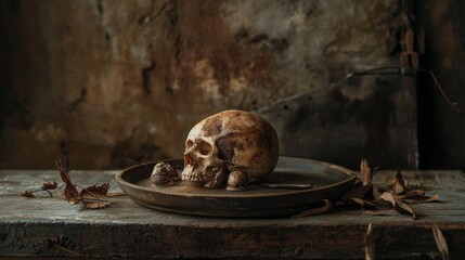 Rustic skull centerpiece on a vintage platter