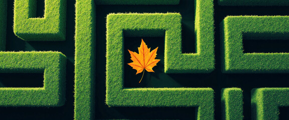Golden maple leaf in a green maze symbolizing the essence of silent journeys, capturing the stillness and solitude amidst lush greenery and intricate patterns.