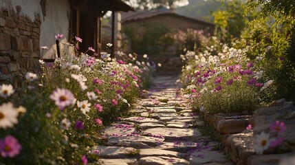 Obraz premium Flower-lined stone path in a quaint village.