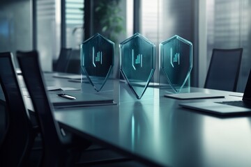 Glass shields show data security on conference table in modern office; business presentation