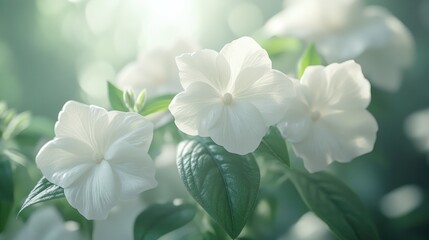 Obraz premium White flowers blooming, garden bokeh, sunlight, peaceful nature, website banner