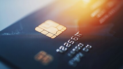 Close-up credit card chip, online payment, bright background, financial transaction